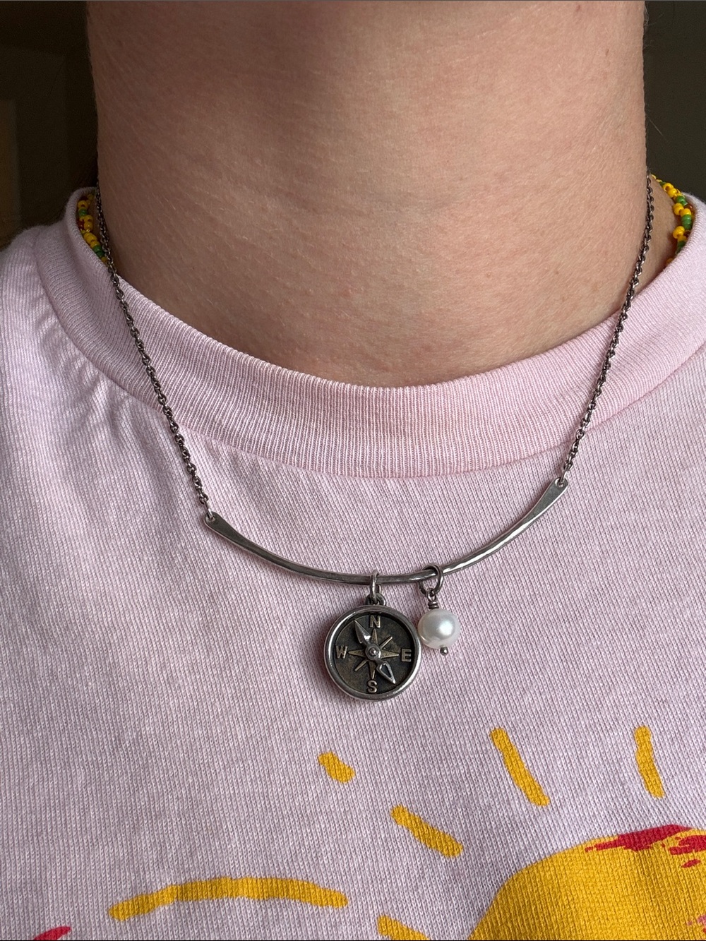 James Avery Silver Compass Pendant Necklace with Pearl Charm